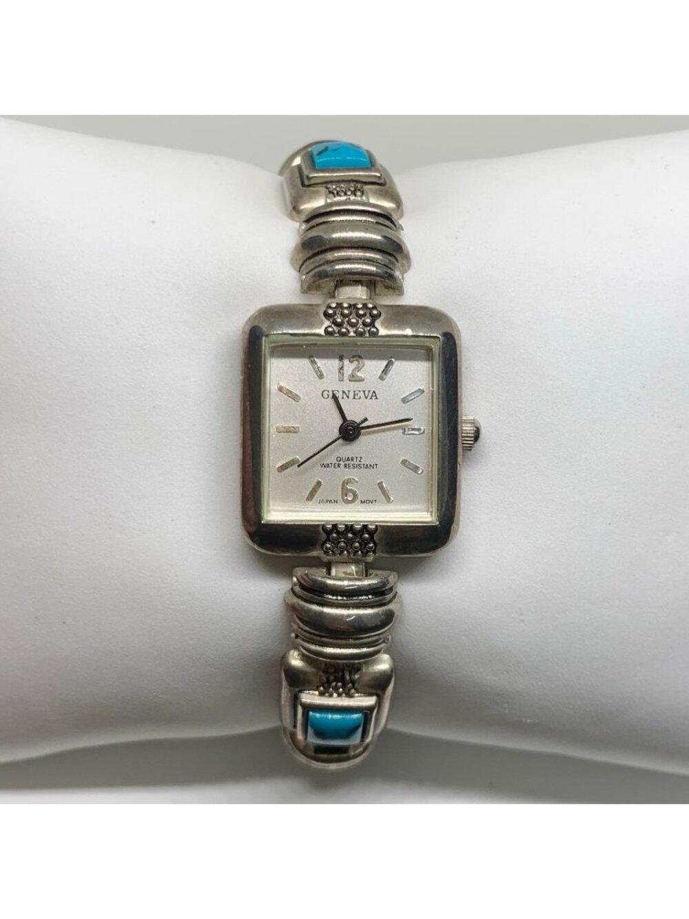 Vintage Geneva women’s watch silver tone turquoise 21mm quartz up to 7” running